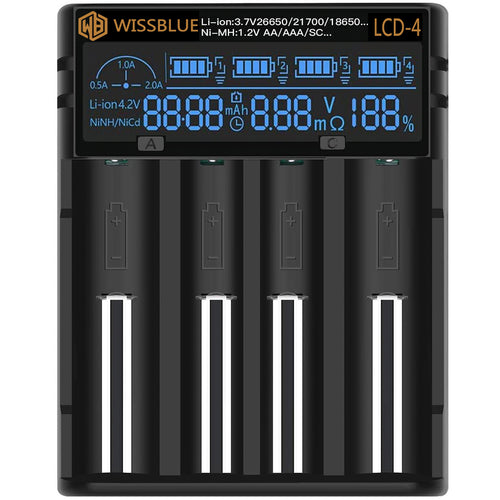 wissblue LCD Display18650 Battery Charger, 2A Fast Charger for Li-Ion Batteries 26650 21700 18490 18350 17670 17500 16340 14500, RCR123A, Ni-MH/Ni-Cd A AA AAA