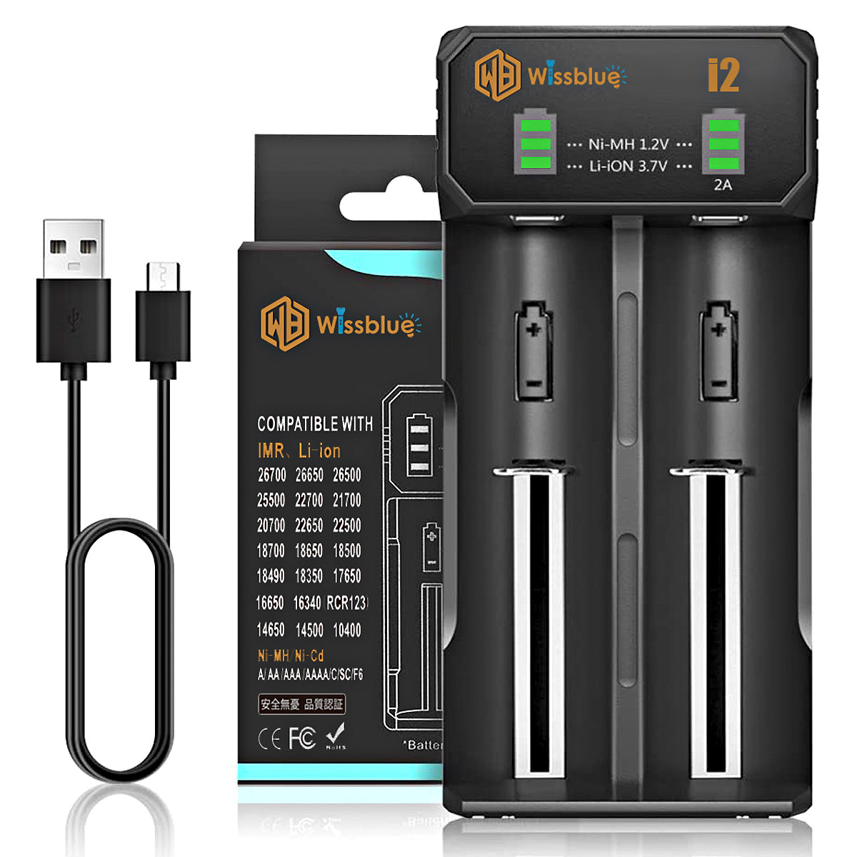 wissblue i2 Universal Battery Charger, 2 Bay 2A Fast Charger for 26650 WBwissblue wissblue i2 Universal Battery Charger, 2 Bay 2A Fast Charger for 26650 WBwissblue